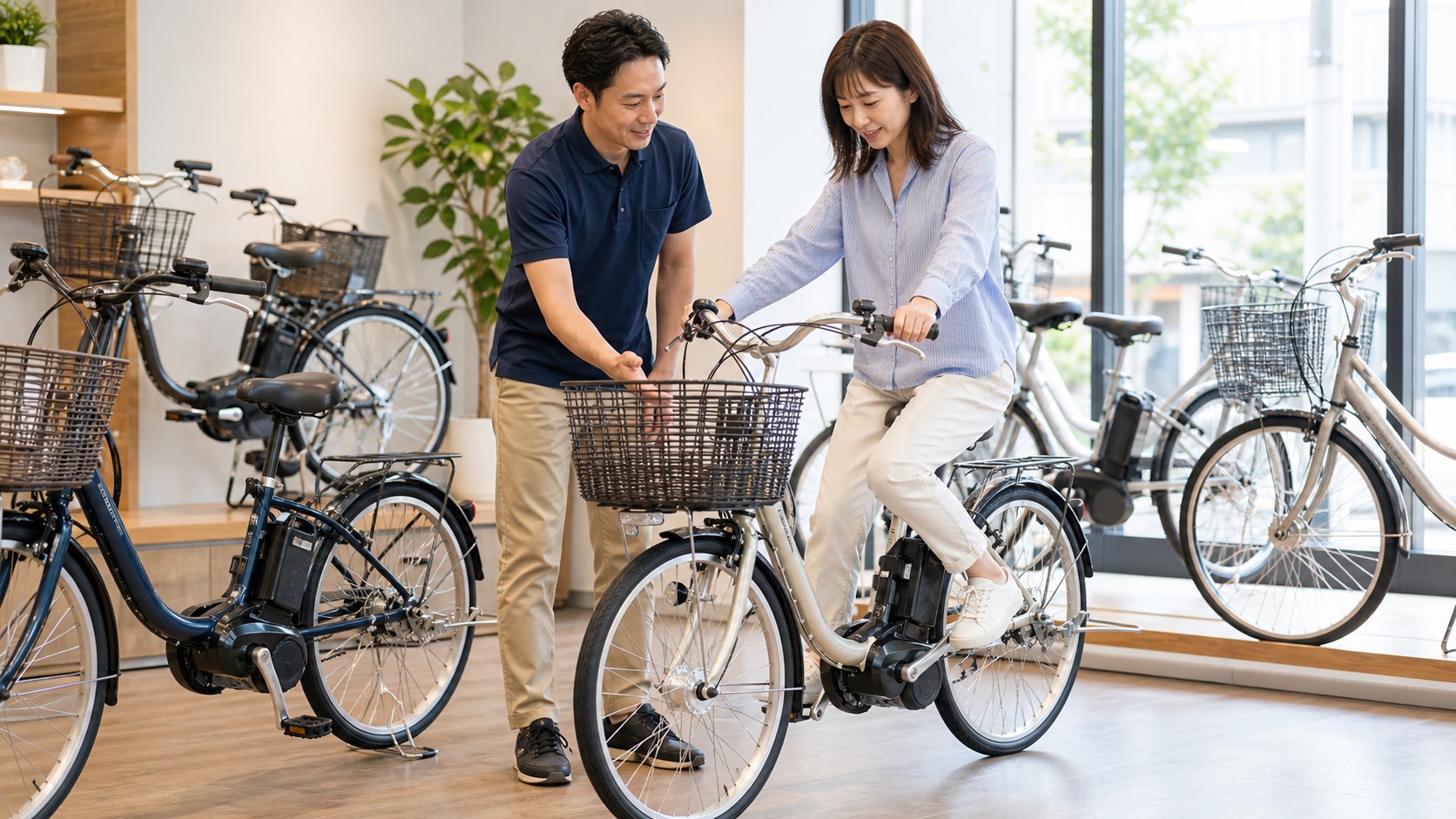 店舗で電動アシスト自転車を比較する様子