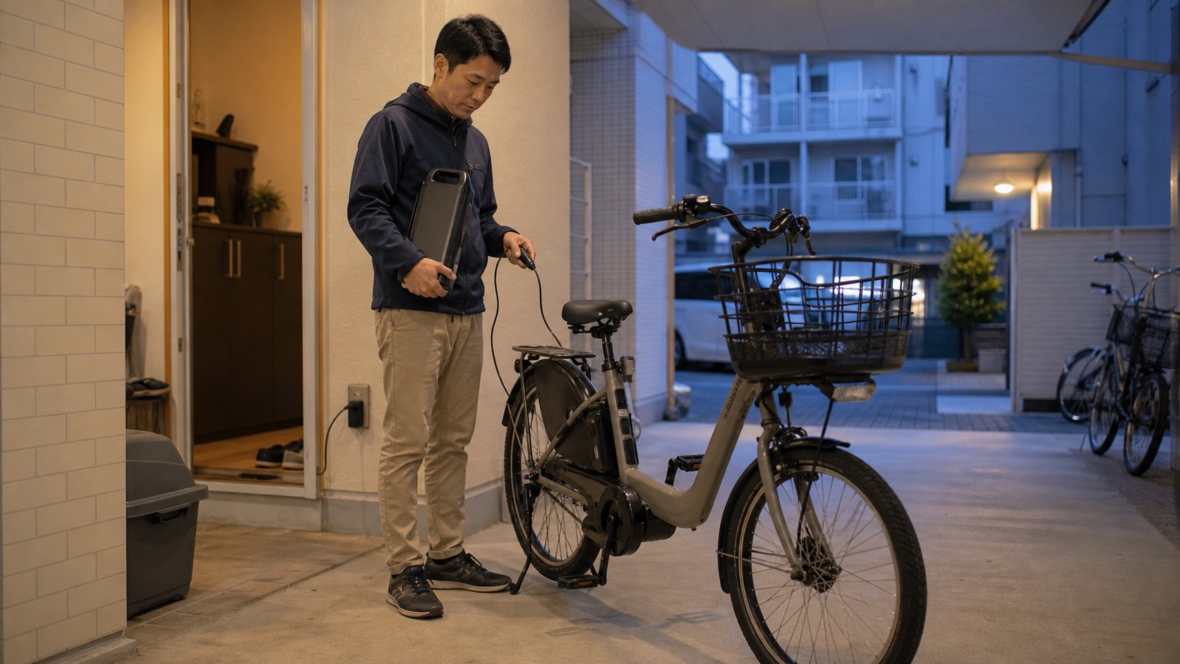 電動アシスト自転車のバッテリー充電と管理負担を表すイメージ