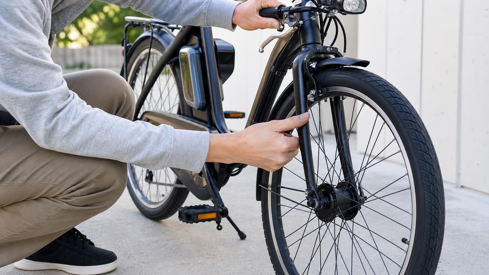 電動アシスト自転車のタイヤとブレーキを確認する様子