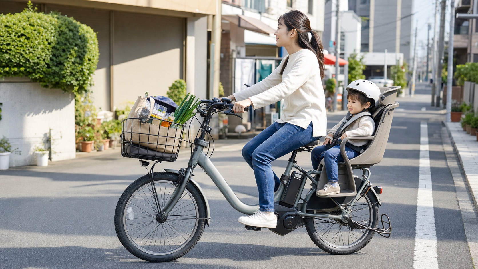 子ども乗せと買い物荷物でも安定して走る電動アシスト自転車のイメージ