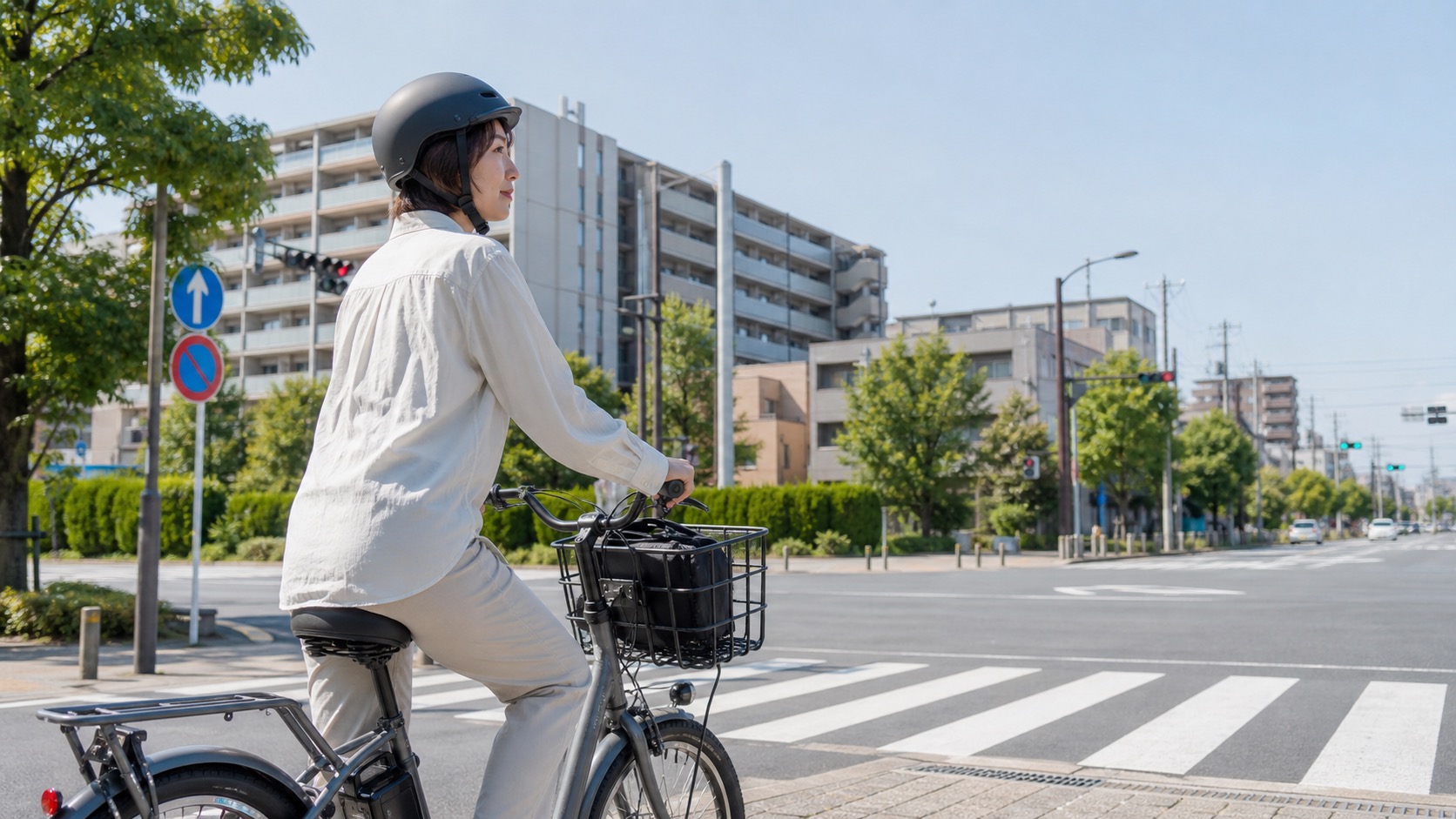 電動アシスト自転車に乗る大人がヘルメットを着用して交差点で停止している様子