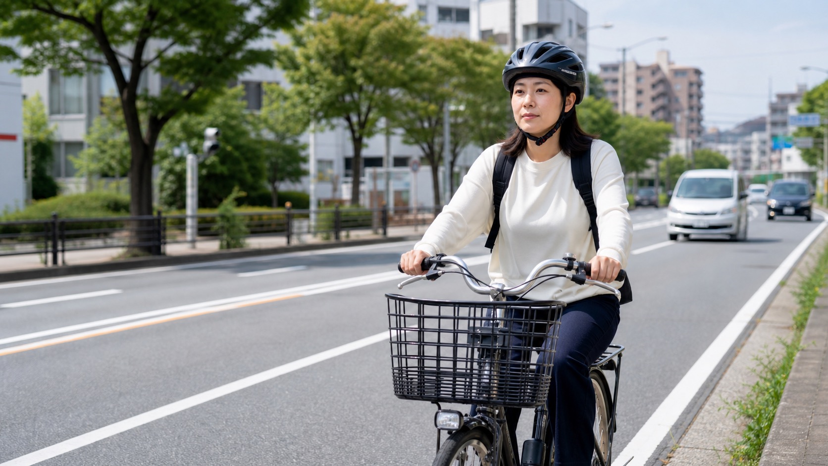 ヘルメットを着用して電動アシスト自転車で車道を走る大人のイメージ
