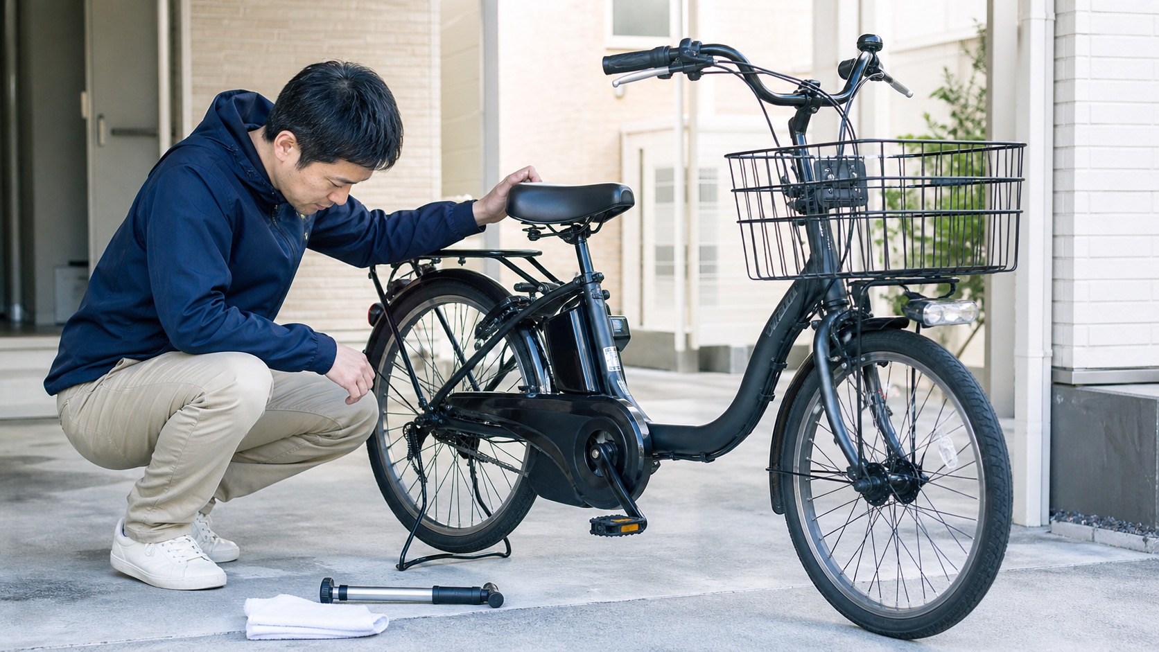 電動アシスト自転車を自宅で点検している様子