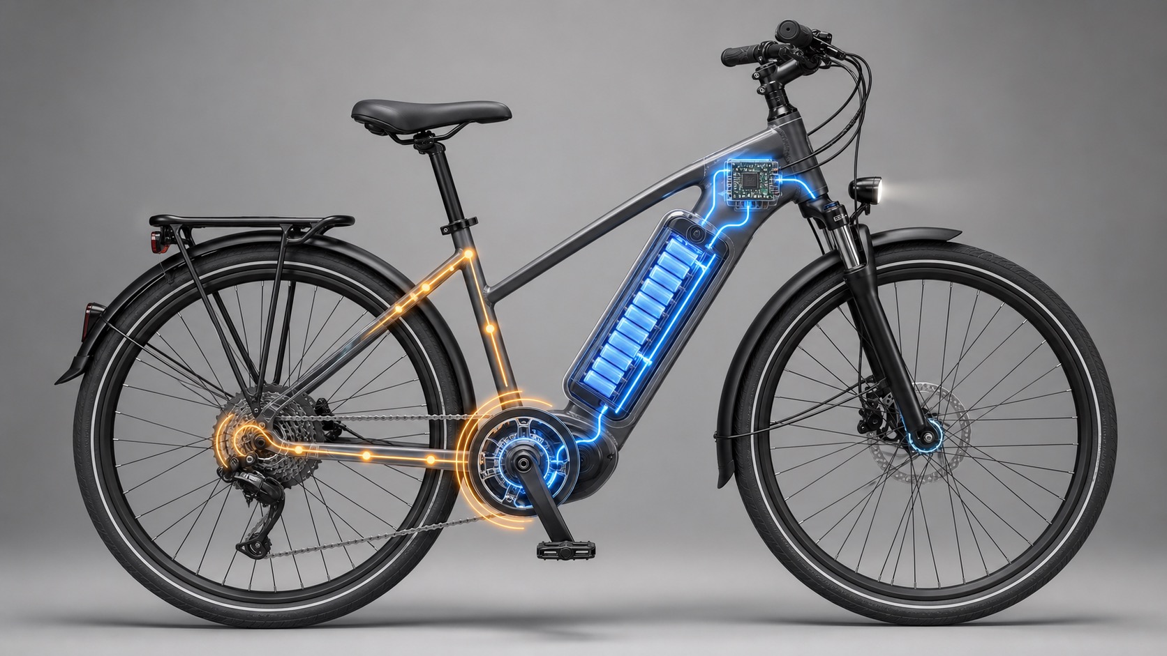 電動アシスト自転車のバッテリーやモーターや制御の流れを示すイメージ