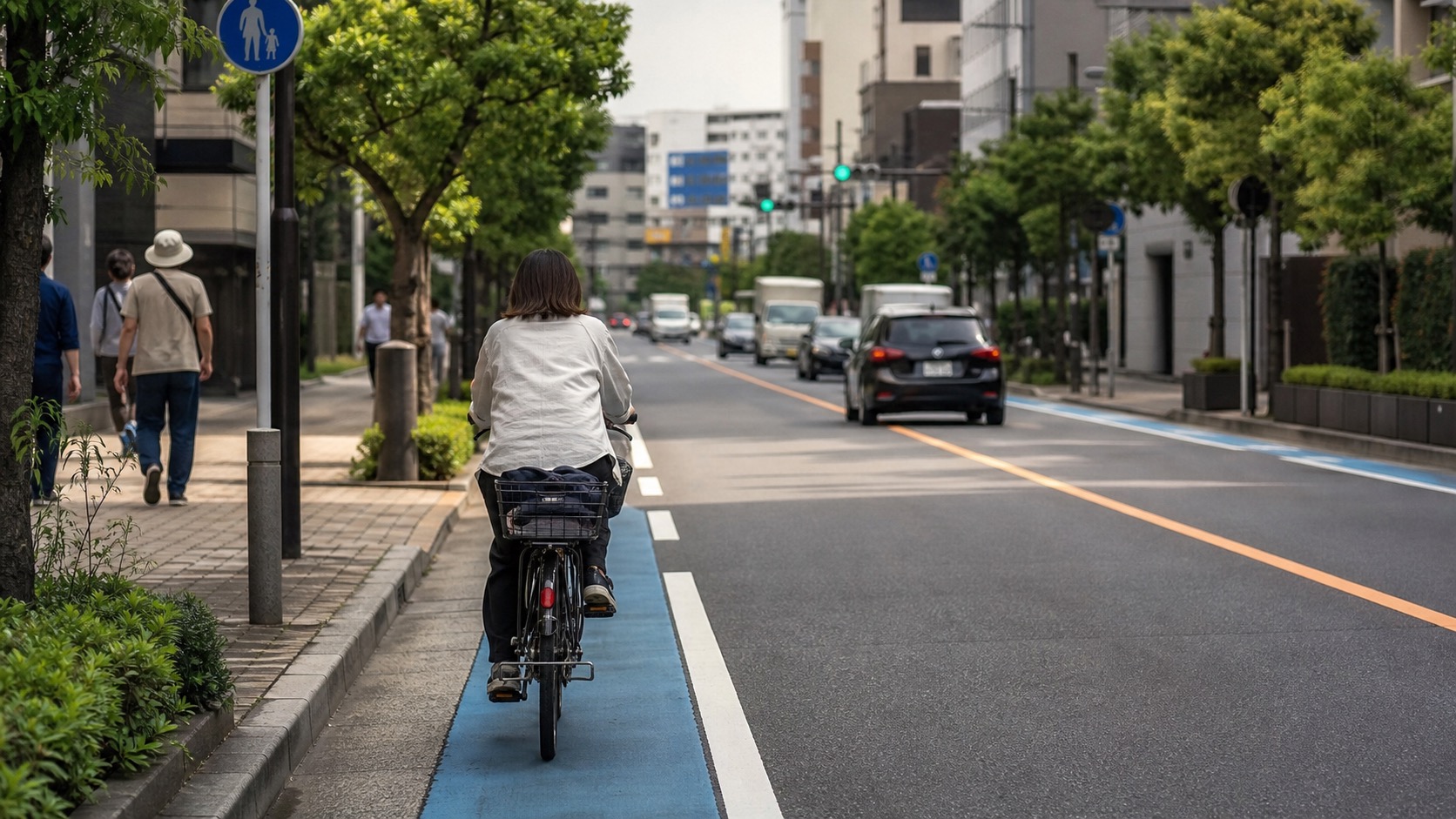 車道左側を走る電動アシスト自転車の走行ルールを示す画像