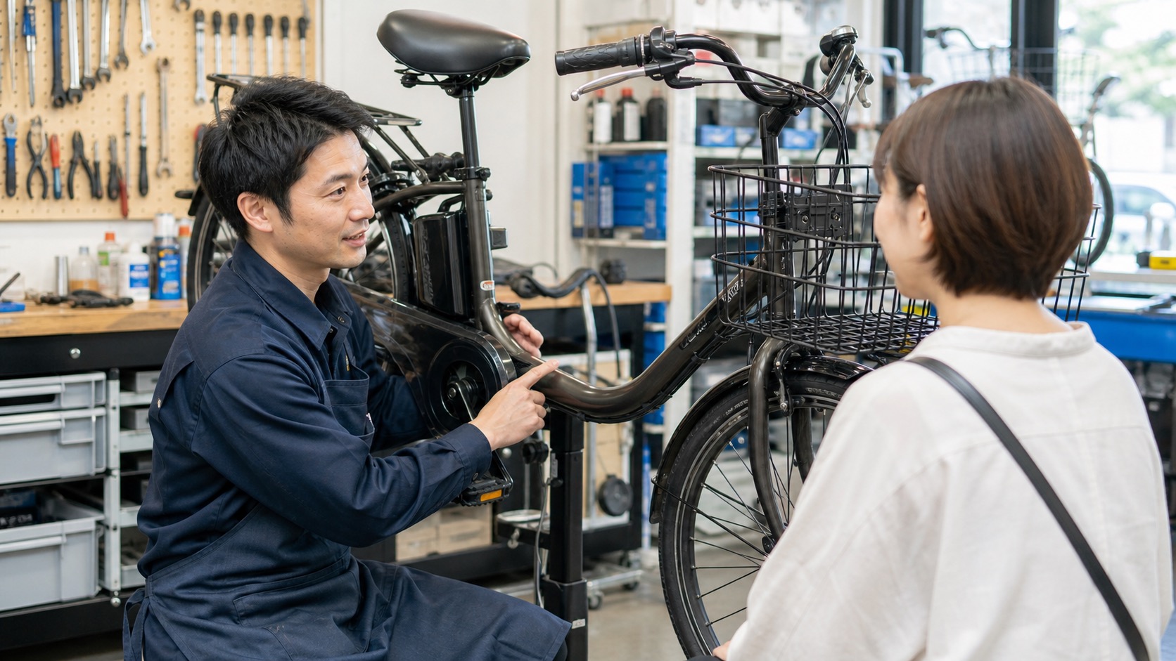 自転車店で電動アシスト自転車の整備相談をする様子