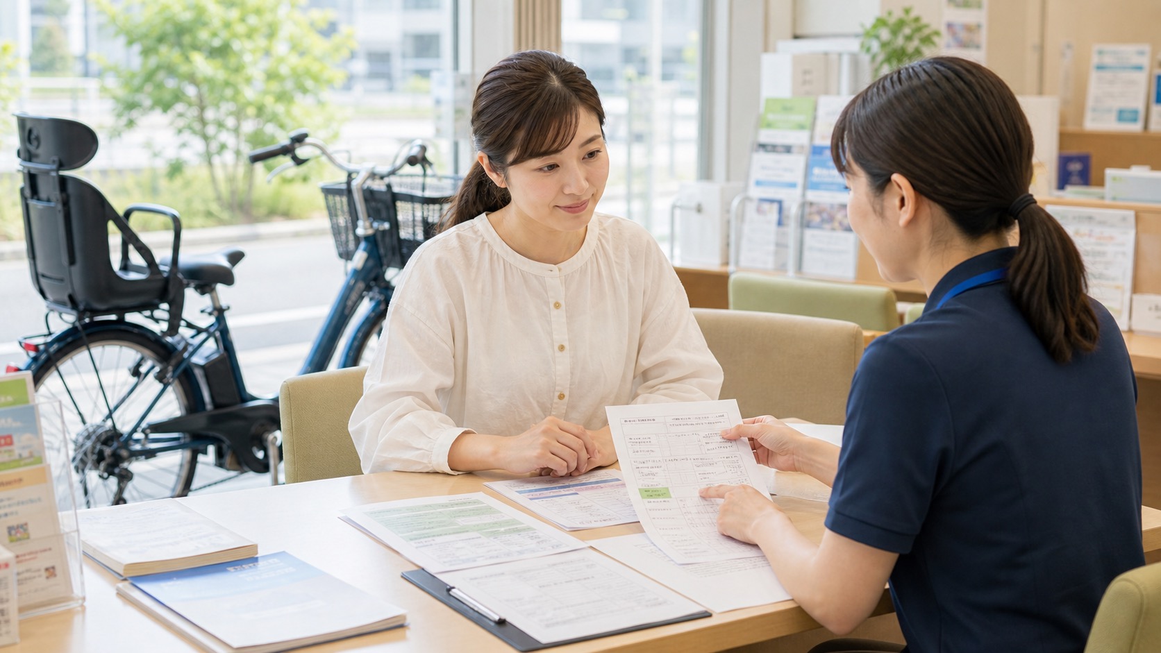 電動アシスト自転車補助金の申請書類を確認する様子