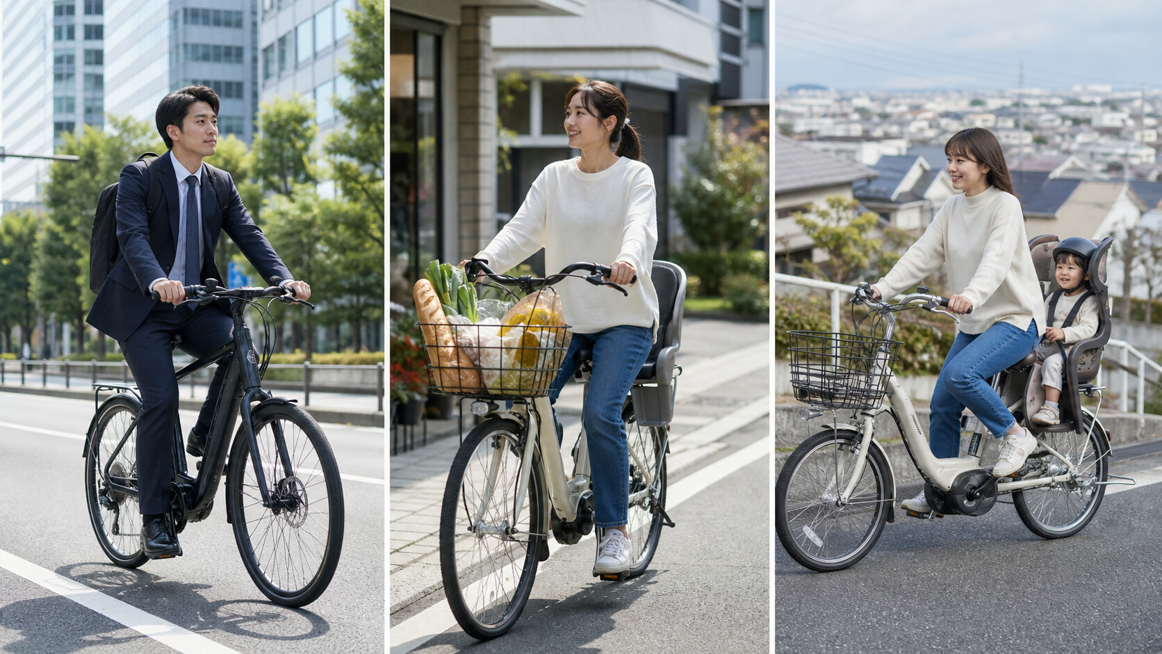 通勤 買い物 子乗せで使う電動アシスト自転車の用途別イメージ