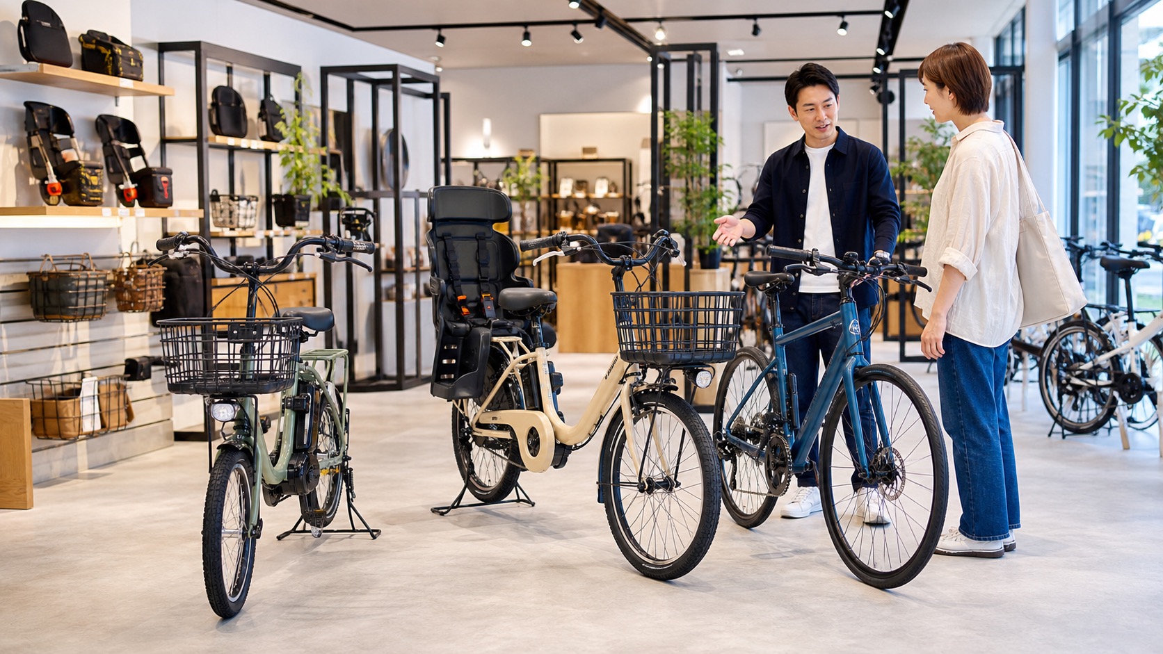 電動アシスト自転車専門店で複数モデルを比較している様子