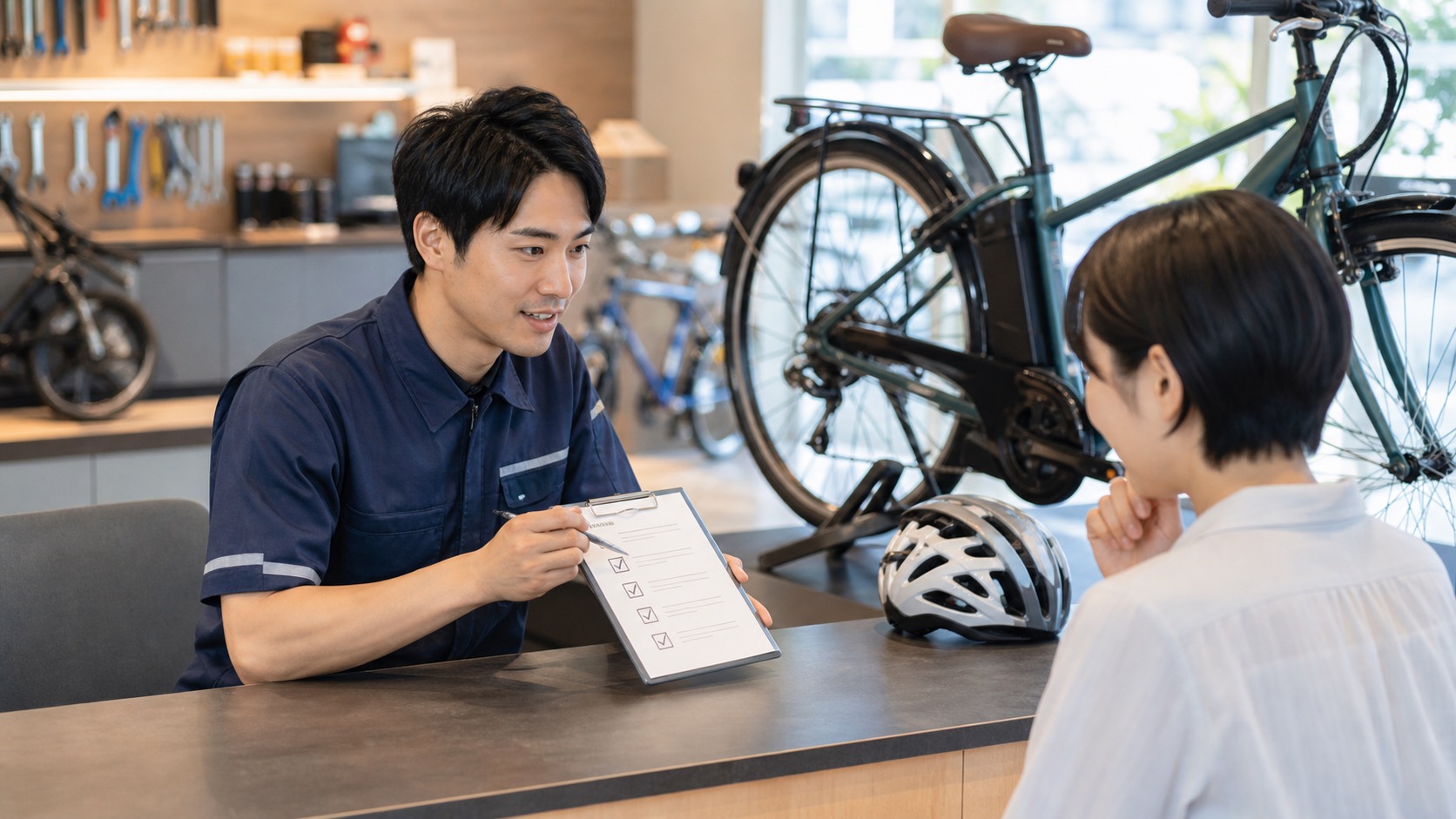 電動アシスト自転車専門店で保証や整備について説明を受ける様子