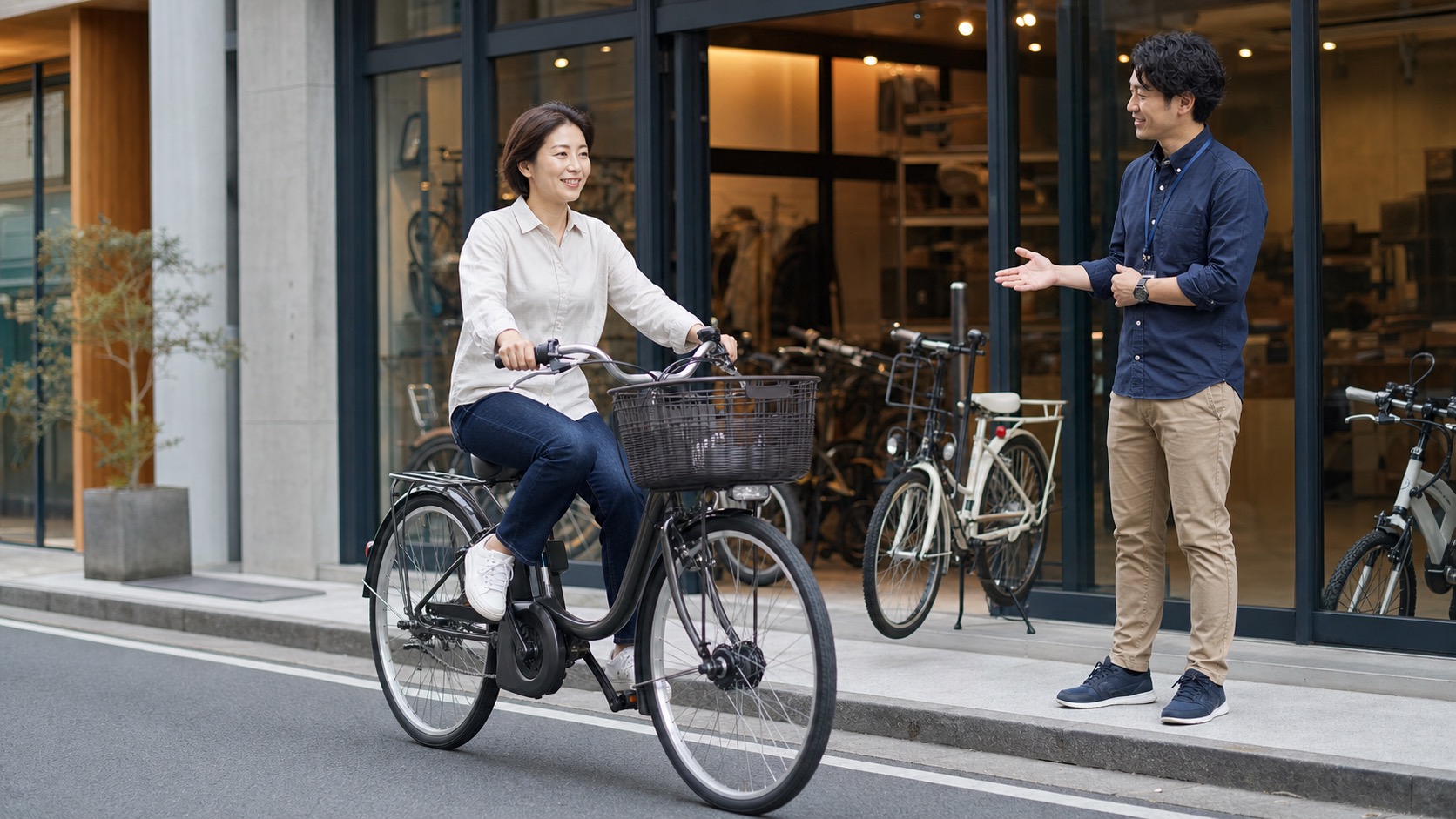 電動アシスト自転車専門店で試乗している様子