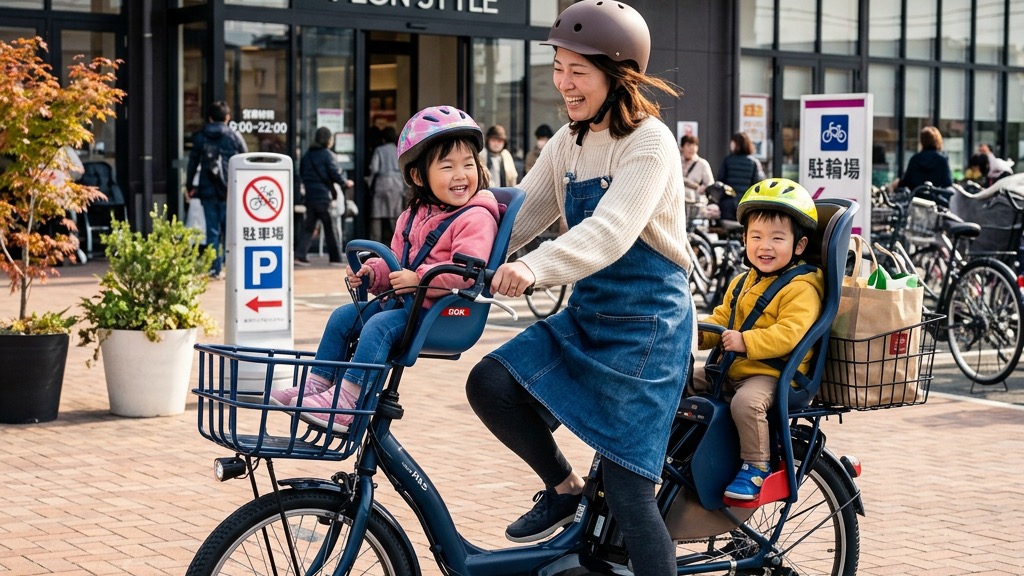 子ども乗せシートを搭載した電動アシスト自転車と日本人親子