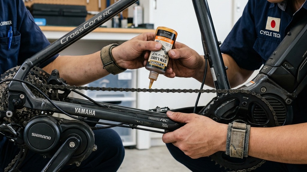 電動アシスト自転車のチェーンに潤滑油を塗布する日本人の整備士。