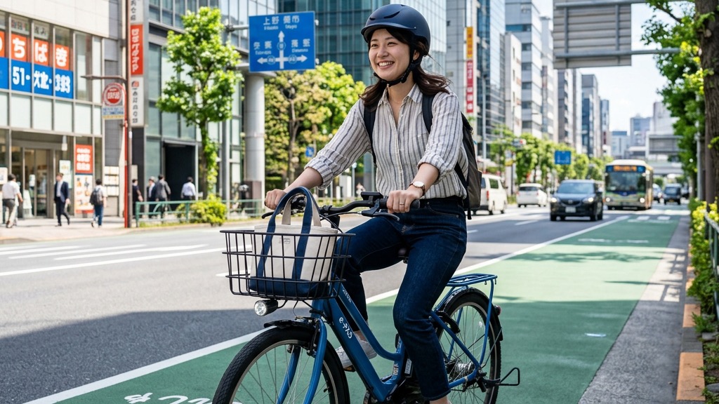街中の自転車専用レーンを軽快に走る電動アシスト自転車