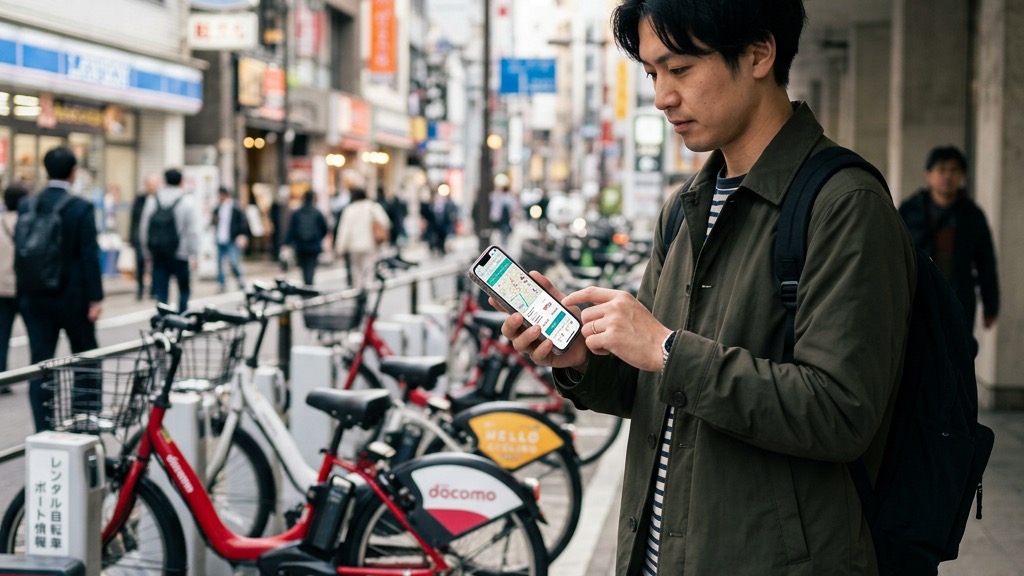 スマートフォンでレンタルサービスを比較する男性