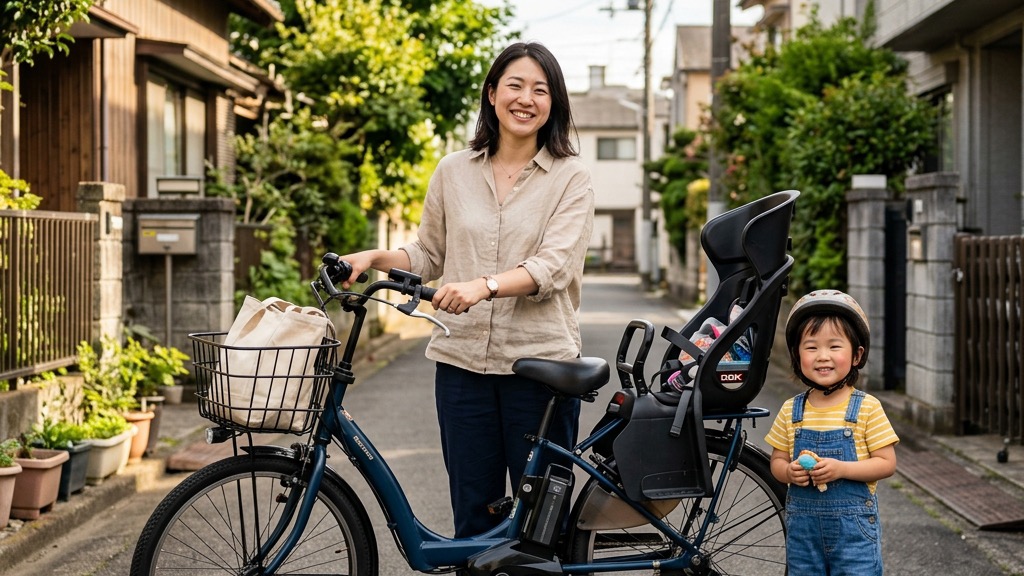 子乗せ電動アシスト自転車と笑顔の親子