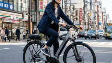 電動アシスト自転車のモーターの寿命について説明するアイキャッチ画像。街中を走る電動アシスト自転車に乗った日本人のビジネスパーソン。