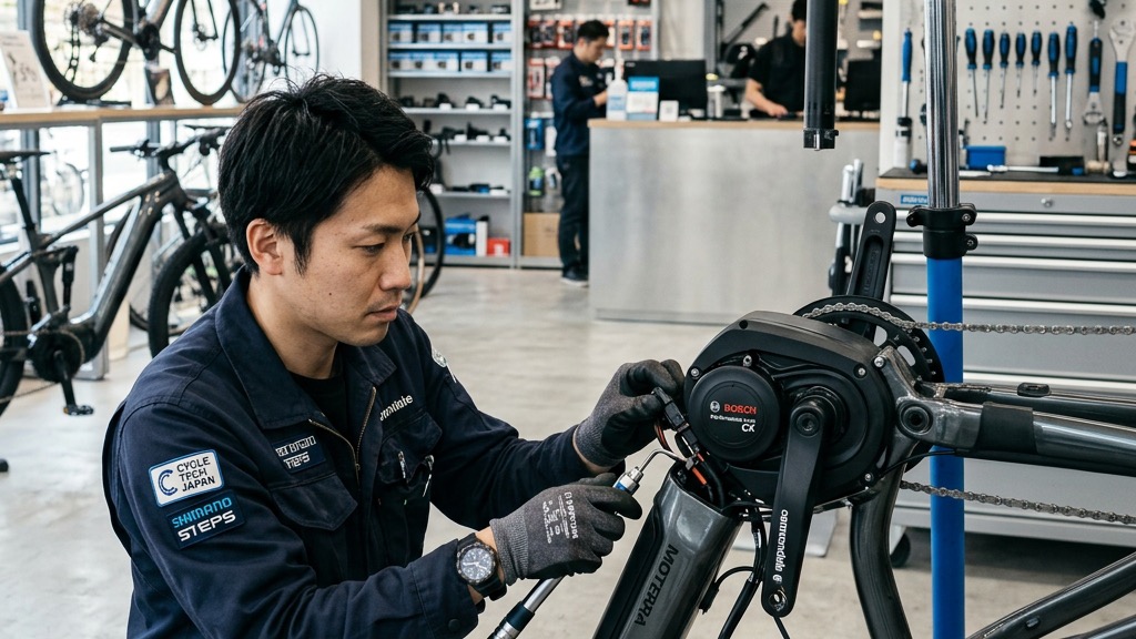 電動アシスト自転車のモーターユニットを点検する日本人のメカニック。