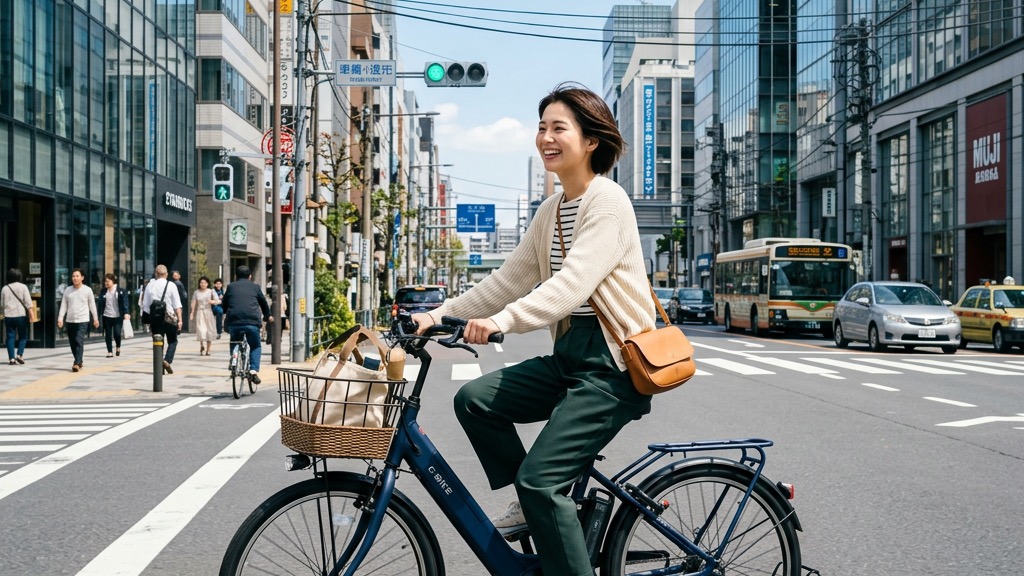 電動アシスト自転車に乗って街中を走る女性
