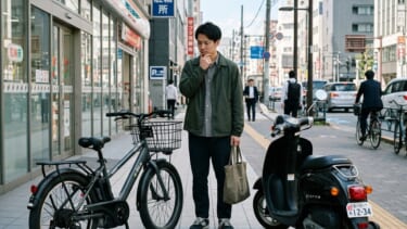 電動アシスト自転車と原付の比較（街中でどちらを選ぶか悩む様子）