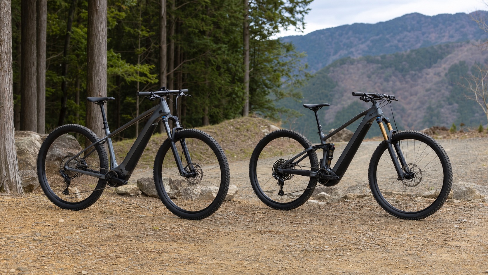 ハードテイルとフルサスペンションのe-MTBを並べた比較イメージ