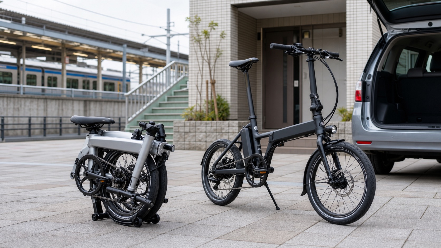 駅前と住宅前で折りたたみe-bikeの携行性を示すイメージ