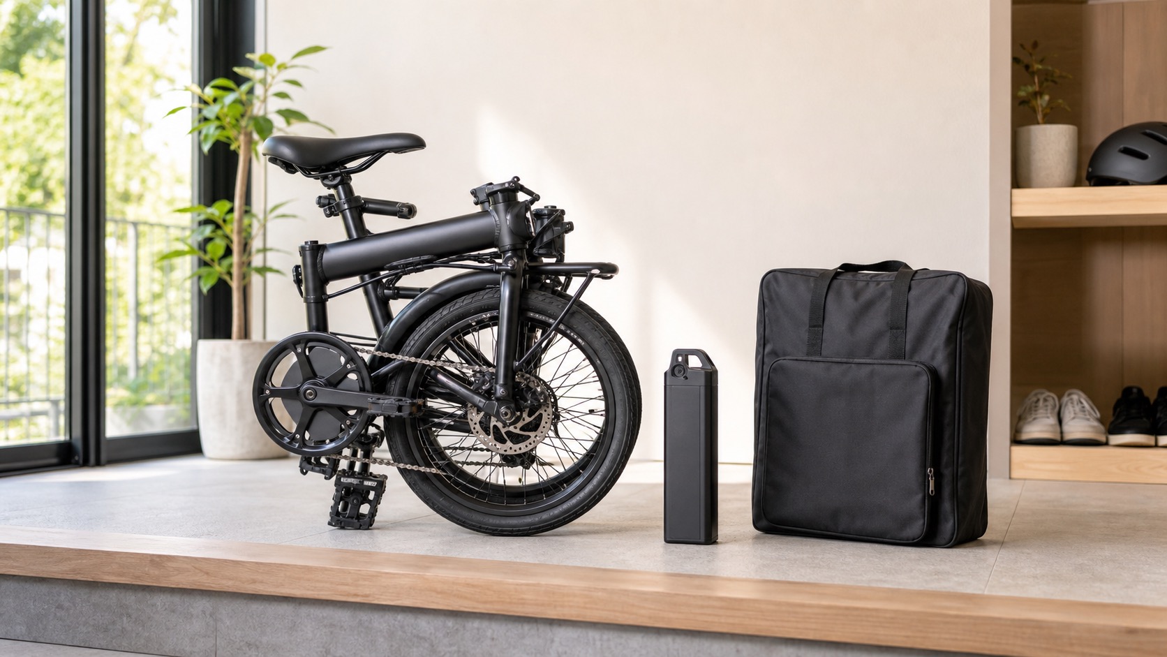 折りたたんだe-bikeとバッテリー、輪行バッグのイメージ