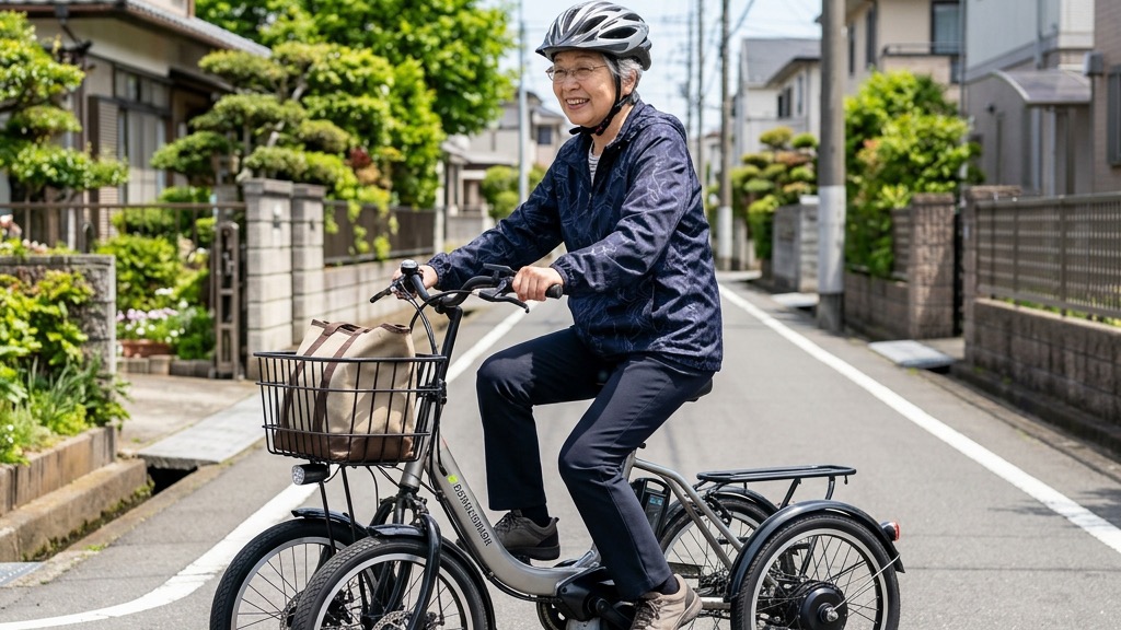 住宅街をヘルメットを着用して笑顔で走行するシニアの四輪電動アシスト自転車