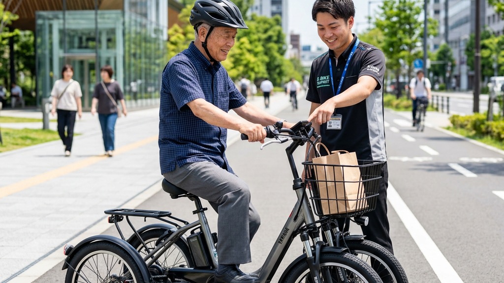 販売スタッフから四輪電動アシスト自転車の操作説明と試乗の指導を受けるシニア男性