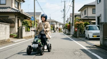 特定小型原付の4輪モデルに乗る日本人女性