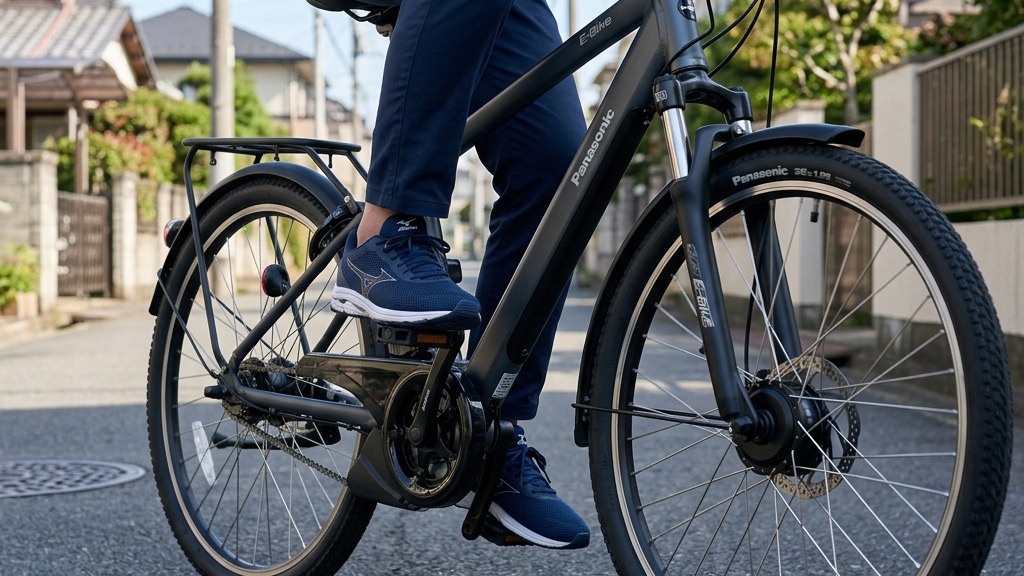 電動アシスト自転車で安定した姿勢からスムーズに漕ぎ出す様子