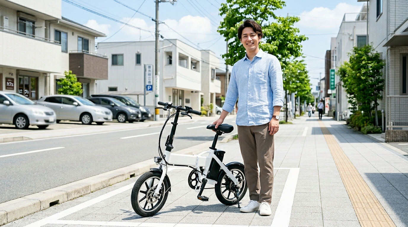 国産の特定原付を街角で示す日本人モデル