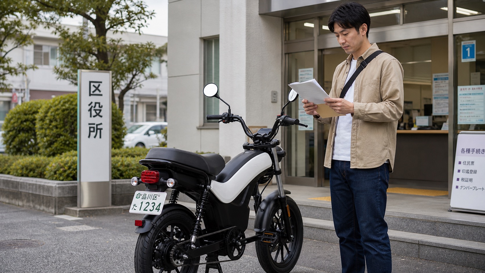 ナンバープレート付きのペダル付き電動バイクと登録書類のイメージ