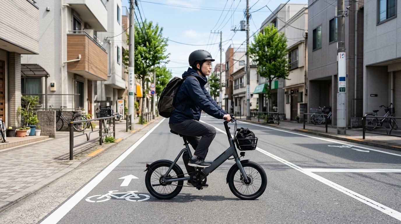 ペダル付き特定小型原付を走行する日本人