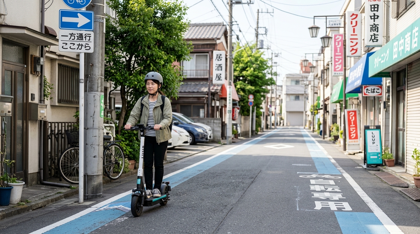 一方通行の車道を走る特定原付と日本人ライダー