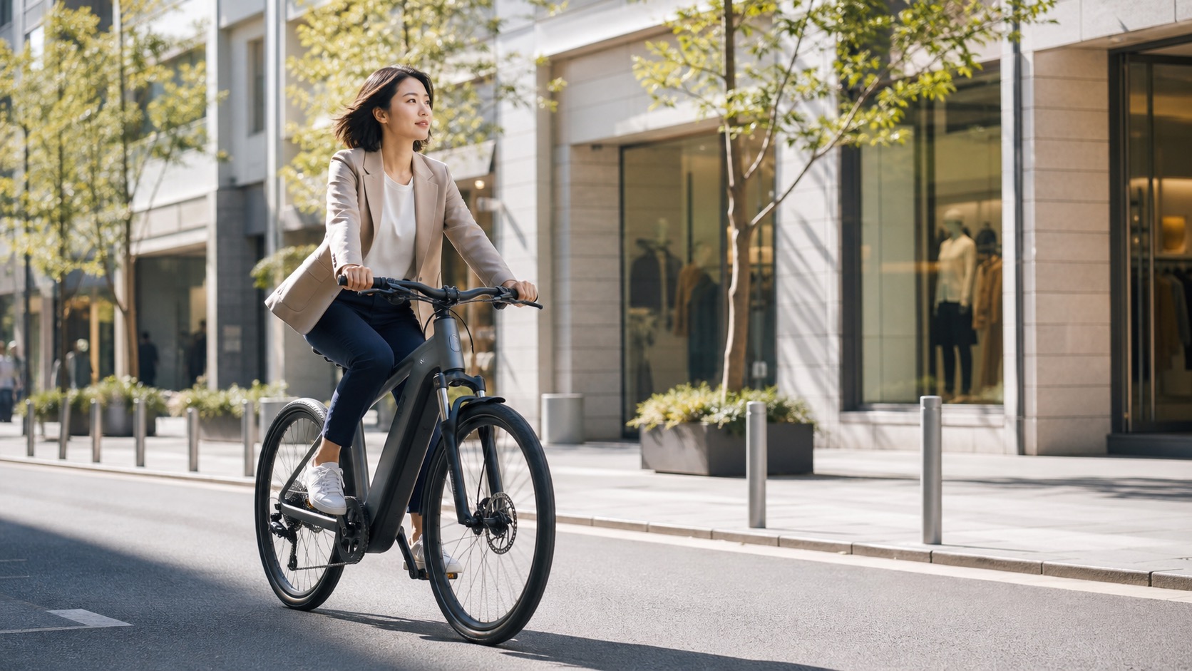 街中でおしゃれなe-bikeに乗る日本人女性