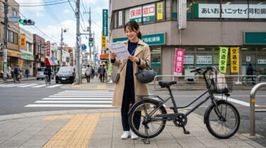 特定小型原付に乗る日本人女性が保険書類を確認する写真