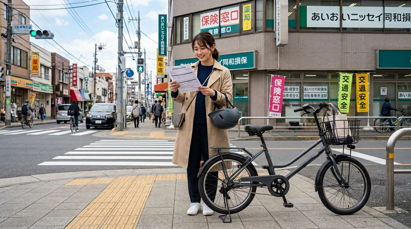 特定小型原付に乗る日本人女性が保険書類を確認する写真
