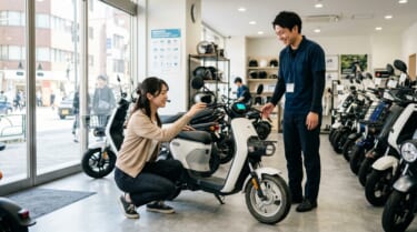 特定小型原付の中古車を点検する日本人女性