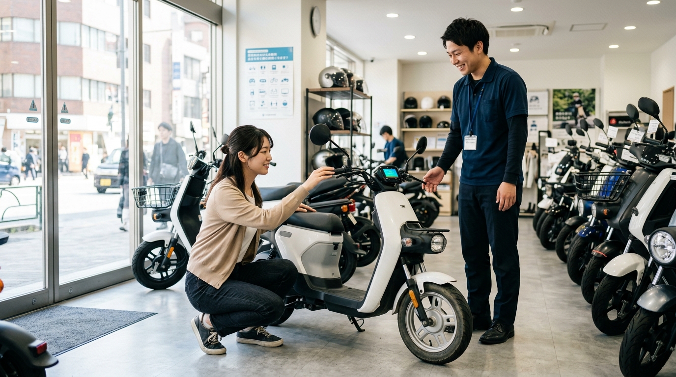 特定小型原付の中古車を点検する日本人女性