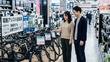ヤマダ電機の店内で電動アシスト自転車を選ぶ日本人の家族