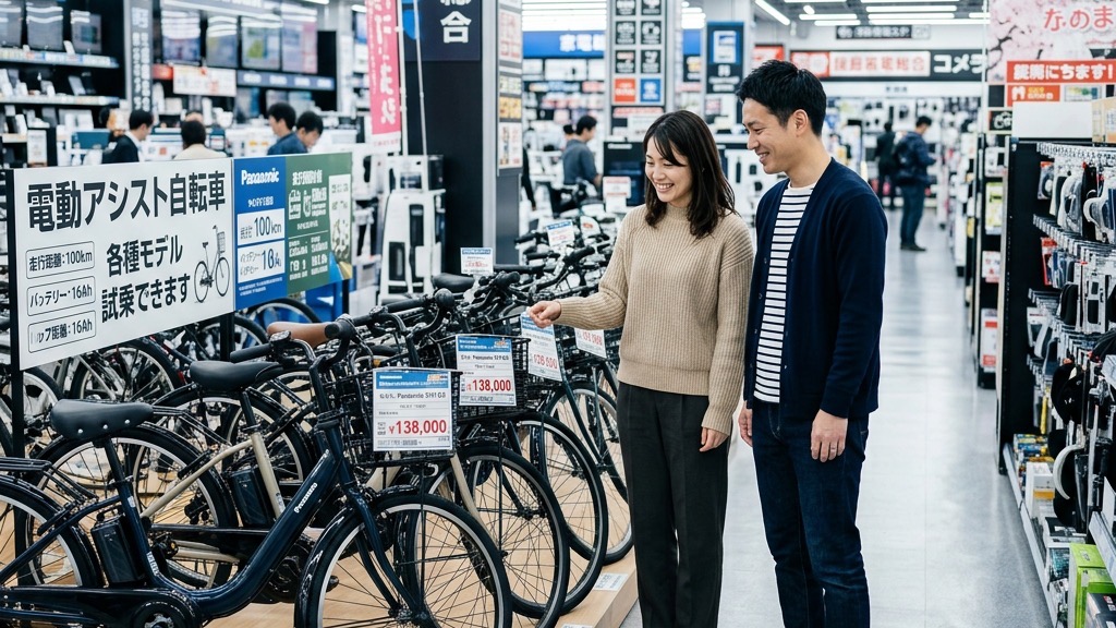 ヤマダ電機の店内で電動アシスト自転車を選ぶ日本人の家族