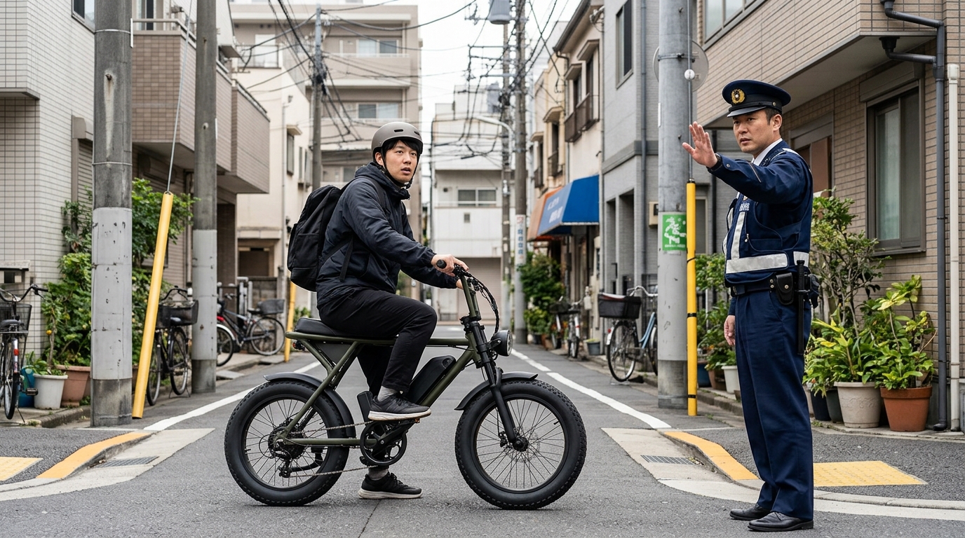 ペダルを漕がずに電動自転車で走り警察官に止められる男性