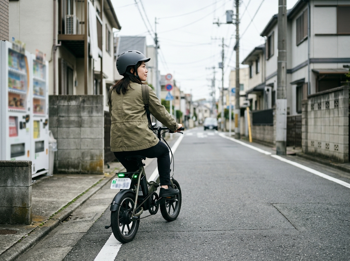 ナンバーを付けた自転車型の特定小型原付に乗る女性